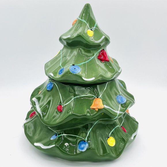 Christmas Tree Ceramic Lidded Cookie Jar. Brighten The Season 2006 Holiday Decor - Picture 3 of 6